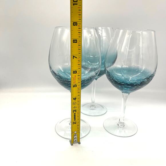 Pier 1 Imports Teal Blue Set of 3 Crackle Design Wine Glasses 8.5" Tall